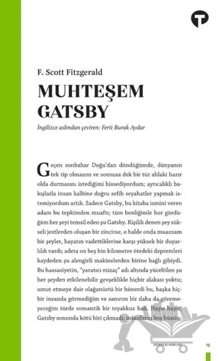 Muhteşem Gatsby – Francis Scott Key Fitzgerald – Turkuvaz Kitap kitap kapağı