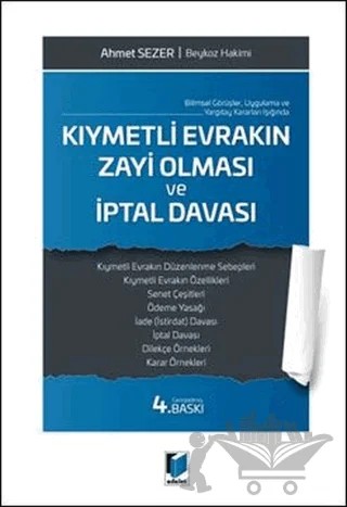 Kıymetli Evrakın Zayi Olması ve İptal Davası – Ahmet Sezer – Adalet Yayınevi kitap kapağı