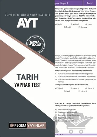 AYT Tarih Yaprak Test – Kolektif – Pegem Akademi Yayıncılık kitap kapağı
