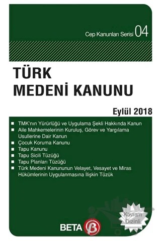 Türk Medeni Kanunu (Eylül 2018) – Celal Ülgen – Beta Yayınevi kitap kapağı
