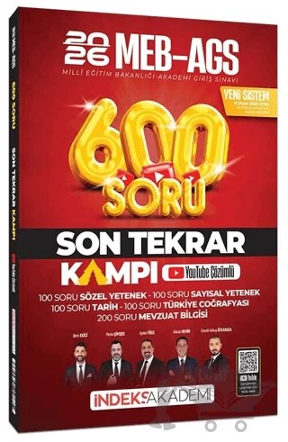 2026 MEB-AGS Son Tekrar Kampı 600 Soru Bankası Youtube Video Çözümlü – Berk Ekici, Metin Şimşek, Aydın Yüce, Alican Demir, Emrah Vahap Özkaraca – İndeks Akademi Yayıncılık kitap kapağı