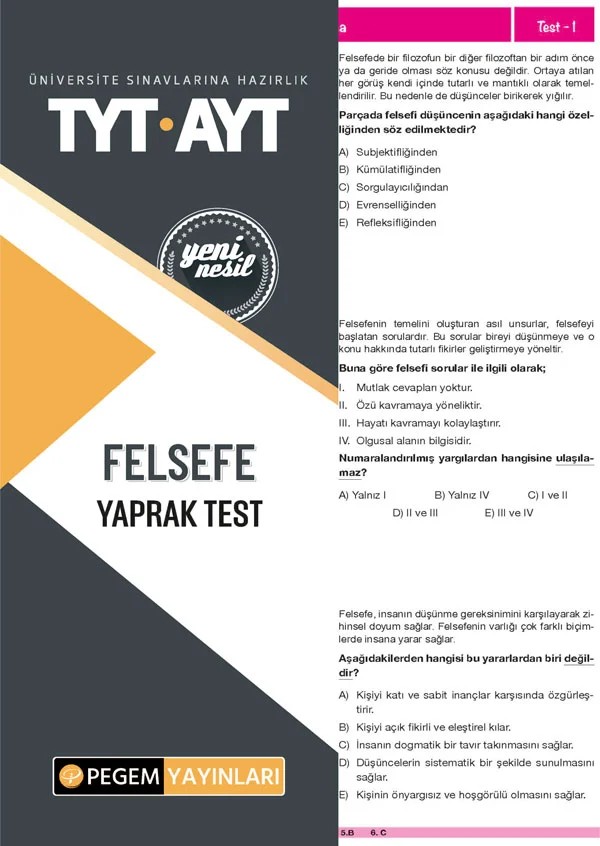 Tyt-Ayt Felsefe Yaprak Test – Ayt Felsefe Yaprak Test – Pegem Akademi Yayıncılık kitap kapağı