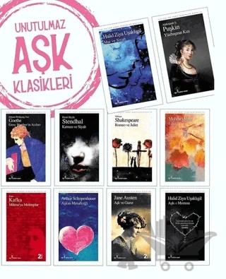 Unutulmaz Aşk Klasikleri Seti (10 Kitap Takım) – Aleksandr Puşkin, Arthur Schopenhauer, Franz Kafka, Halit Ziya Uşaklıgil, Jane Austen, Johann Wolfgang Von Goethe, Marie-Henri Beyle Stendhal, Mehmet Rauf, William Shakespeare – İlgi Kültür Sanat Yayınları kitap kapağı