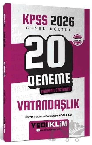 2026 KPSS Genel Kültür Vatandaşlık Tamamı Çözümlü 20 Deneme – Kolektif – Yediiklim Yayınları kitap kapağı