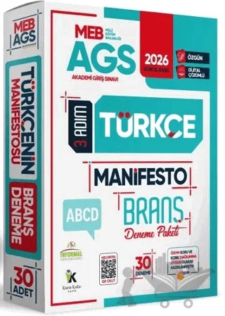 2026 MEB-AGS Türkçe 3 Adım Manifesto Branş Deneme Paketi 30lu Dijital Çözümlü (Sözel Mantık Dahil) – Kolektif – Karakutu Yayın kitap kapağı