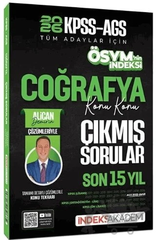 2026 KPSS MEB-AGS Coğrafya ÖSYM'nin İndeksi Çıkmış Sorular Son 15 Yıl Konu Konu Çözümlü – Alican Demir – İndeks Akademi Yayıncılık kitap kapağı