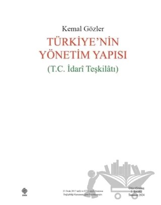 Türkiye’nin Yönetim Yapısı (T.C. İdari Teşkilatı) – Kemal Gözler – Ekin Basım Yayın kitap kapağı