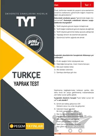 TYT Türkçe Yaprak Test – Kolektif – Pegem Akademi Yayıncılık kitap kapağı