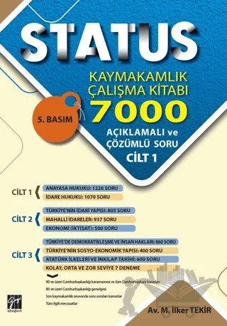 Status Kaymakamlık Çalışma Kitabı 7000 Açıklamalı ve Çözümlü Soru (3 Cilt Takım) – M. İlker Tekir – Gazi Kitabevi kitap kapağı