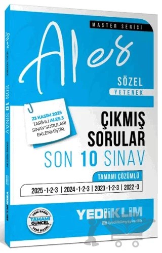 2026 ALES Sözel Yetenek Tamamı Çözümlü Son 10 Sınav Çıkmış Sorular (23 Kasım 2025 ALES-3 Ekli) – Kolektif – Yediiklim Yayınları kitap kapağı