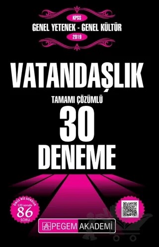 2019 KPSS Genel Yetenek Genel Kültür - Vatandaşlık Tamamı Çözümlü 30 Deneme – Kolektif – Pegem Akademi Yayıncılık kitap kapağı