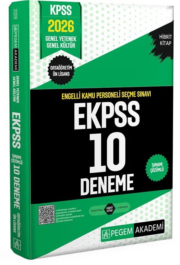2026 E-KPSS Engelli Kamu Personeli Seçme Sınavı Tamamı Çözümlü 10 Deneme (Ortaöğretim-Ön Lisans) – Ön Lisans) – Pegem Akademi Yayıncılık kitap kapağı