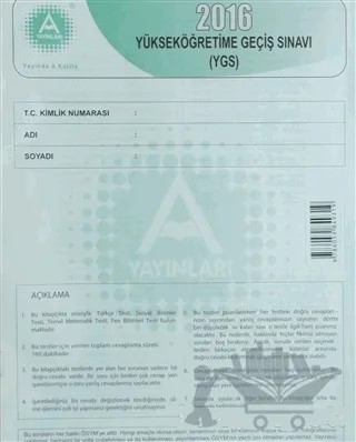 2016 Yüksek Öğretime Geçiş Sınavı (YGS) – Kolektif – A Yayınları kitap kapağı
