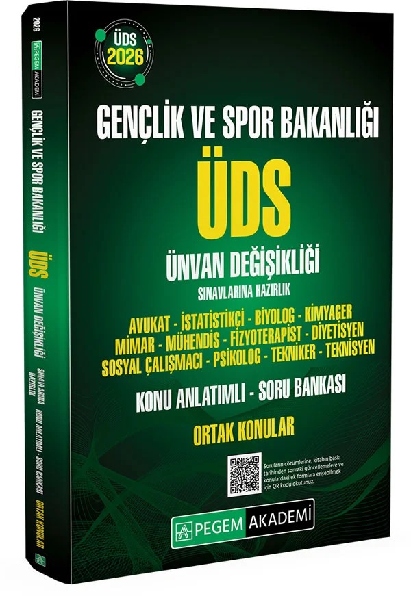 2026 ÜDS Gençlik ve Spor Bakanlığı Ünvan Değişikliği Sınavlarına Hazırlık Konu Anlatımlı Soru Bankası ORTAK KONULAR – komisyonumuz tarafından hazırlanmıştır. Yayınımızdaki konularda teorik çerçeve net bir şekilde çizil – Pegem Akademi Yayıncılık kitap kapağı