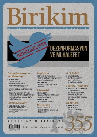 Birikim Aylık Sosyalist Kültür Dergisi Sayı: 355 Kasım 2018 – Birikim Yayınları kitap kapağı