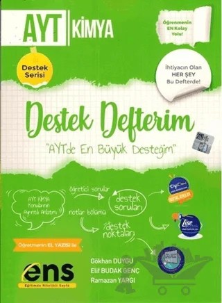 AYT Kimya Destek Defterim – Gökhan Duygu, Elif Budak Genç – ENS Yayınları kitap kapağı