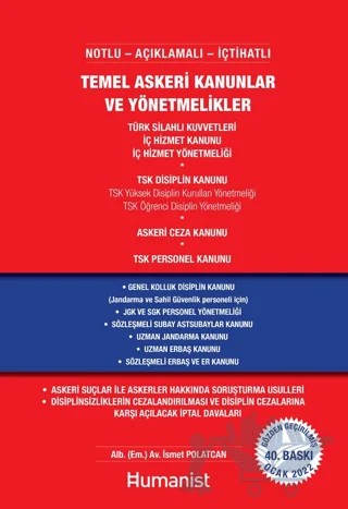 Temel Askeri Kanunlar ve Yönetmelikler – İsmet Polatcan – Hümanist Kitap Yayıncılık kitap kapağı