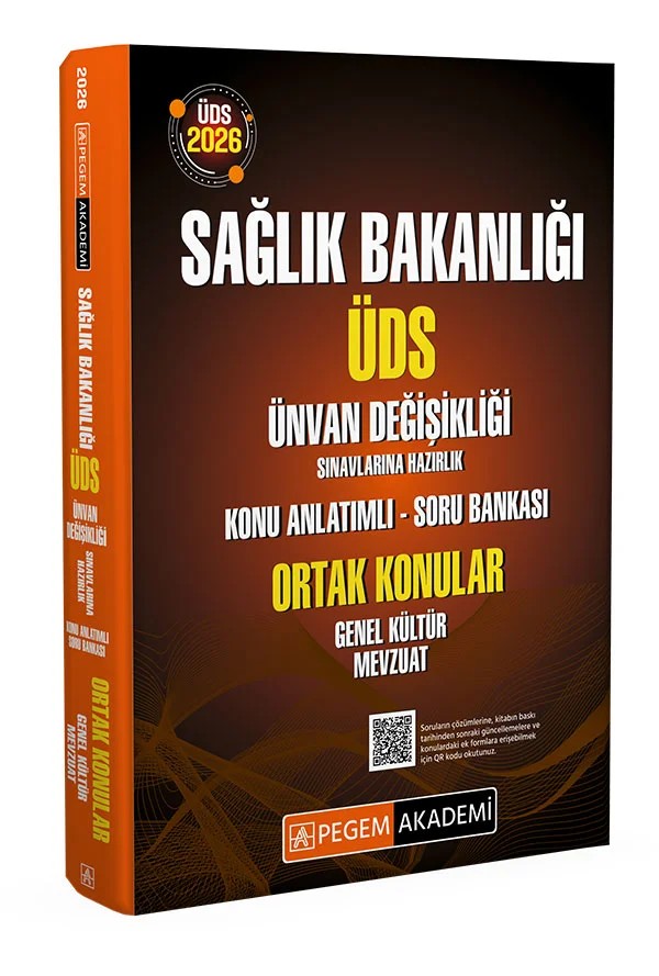 2025 ÜDS Sağlık Bakanlığı Ünvan Değişikliği Sınavlarına Hazırlık Konu Anlatımlı Soru Bankası Ortak Konular Genel Kültür Mevzuat – komisyonumuz tarafından hazırlanmıştır. Sınava girecek olan adaylarımızın, yayınımızda bulunan mevzu – Pegem Akademi Yayıncılık kitap kapağı