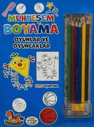 Muhteşem Boyama - Oyunlar ve Oyuncaklar + 6lı Boya Kalemi – Kolektif – 0-6 Yaş Yayınları kitap kapağı