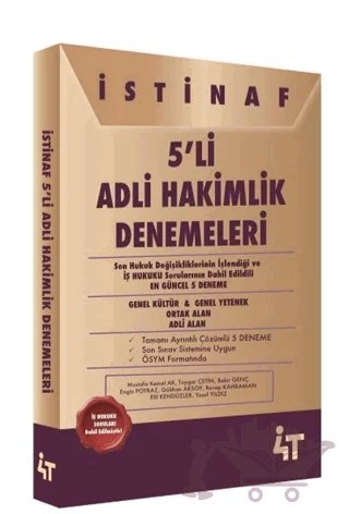 İstinaf 5'li Adli Hakimlik Denemeleri – Bekir Genç, Elif Kendüzler, Engin Poyraz, Gökhan Aksoy, Mustafa Kemal Ak, Recep Kahraman, Toygar Çetin, Yusuf Yıldız – 4T Yayınları kitap kapağı