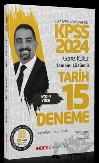 2024 KPSS Tarih 15 Deneme Çözümlü – Aydın Yüce – İndeks Akademi Yayıncılık kitap kapağı