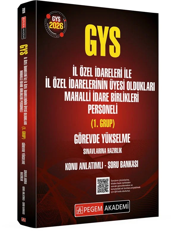 2026 GYS İl Özel İdareleri ile İl Özel İdarelerinin Üyesi Oldukları Mahalli İdare Birlikleri Personeli (1.Grup) Görevde Yükselme Sınavlarına Hazırlık Konu Anlatımlı Soru Bankası – komisyonumuz tarafından hazırlanmıştır. Yayınımızdaki konularda teorik çerçeve net bir şekilde çizil – Pegem Akademi Yayıncılık kitap kapağı