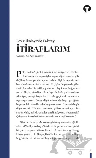 İtiraflarım – Lev Nikolayeviç Tolstoy – Turkuvaz Kitap kitap kapağı