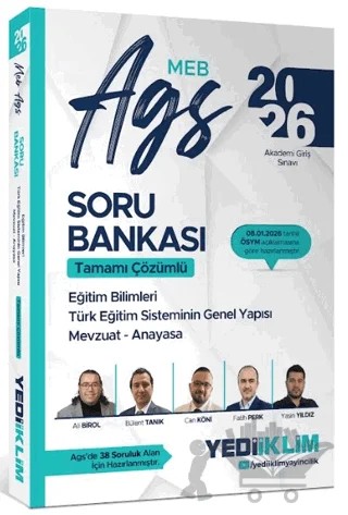 2026 MEB AGS Eğitim Bilimleri Türk Eğitim Sisteminin Genel Yapısı Mevzuat Anayasa Tamamı Çözümlü Soru Bankası – Ali Birol, Bülent Tanık, Can Köni, Fatih Perk, Yasin Yıldız – Yediiklim Yayınları kitap kapağı