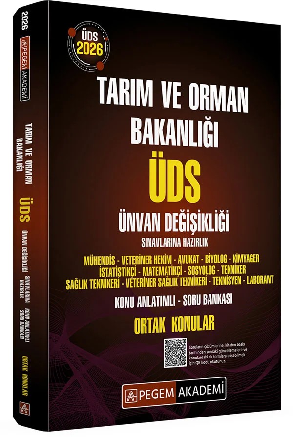 2026 ÜDS Tarım ve Orman Bakanlığı Ünvan Değişikliği Sınavlarına Hazırlık Konu Anlatımlı Soru Bankası ORTAK KONULAR – komisyonumuz tarafından hazırlanmıştır. Sınava girecek olan adaylarımızın, yayınımızda bulunan mevzu – Pegem Akademi Yayıncılık kitap kapağı