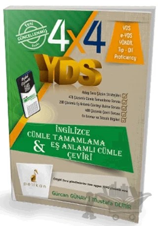 4x4 YDS Seti 1. Kitap Cümle Tamamlama, Çeviri ve Eş Anlamlı Cümle – Gürcan Günay, Mustafa Demir – Pelikan Tıp Teknik Yayıncılık kitap kapağı