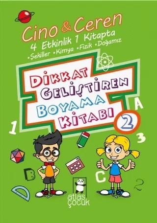 Cino İle Ceren Dikkat Geliştiren Boyama Kitabı 2. Kitap - 4 Etkinlik 1 Arada – İsmail Ceran – Atlas Yayınevi Çocuk kitap kapağı