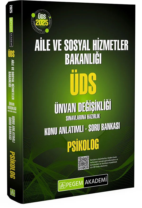 2025 ÜDS Aile ve Sosyal Hizmetler Bakanlığı Ünvan Değişikliği Sınavlarına Hazırlık Konu Anlatımlı Soru Bankası PSİKOLOG – komisyonumuz tarafından hazırlanmıştır. Sınava girecek olan adaylarımızın, yayınımızda bulunan mevzu – Pegem Akademi Yayıncılık kitap kapağı