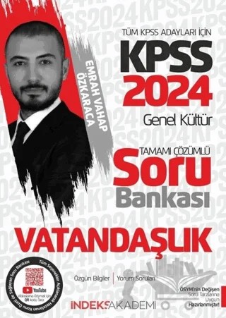 2024 KPSS Vatandaşlık Soru Bankası Çözümlü – Emrah Vahap Özkaraca – İndeks Akademi Yayıncılık kitap kapağı