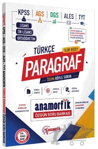 2026 KPSS-AGS-DGS-ALES-TYT Anamorfik Türkçe Paragraf Özgün Soru Bankası Konu Özetli Dijital Çözümlü – Kolektif – Anamorfik Yayınları kitap kapağı