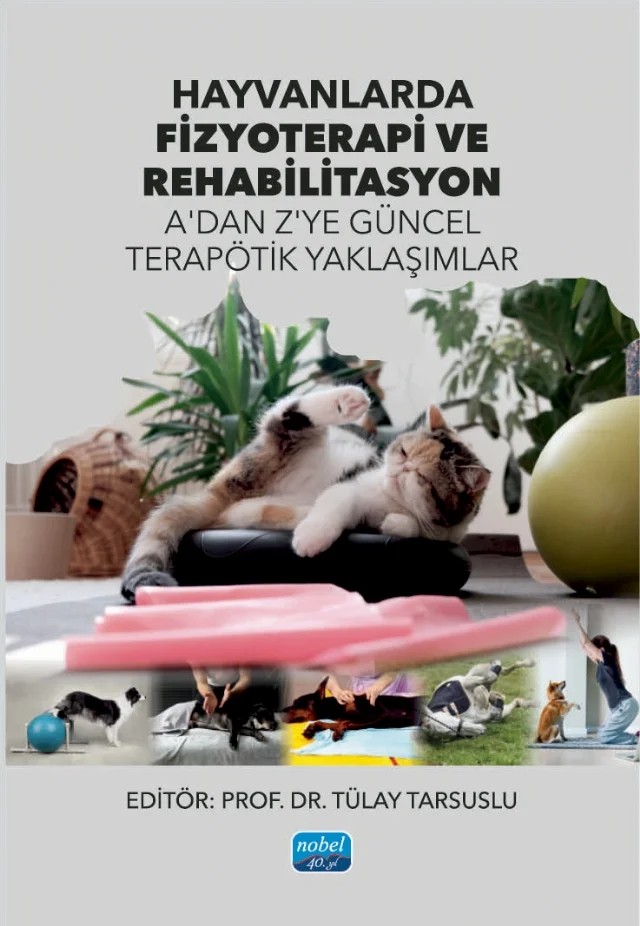 HAYVANLARDA FİZYOTERAPİ VE REHABİLİTASYON - A’dan Z’ye Güncel terapötik yaklaşımlar – Ayşe Abit Kocaman, Cem Gezgin, Cumhur Elmacı, Demet Gözaçan Karabulut, Dilan Savaş Kalender, Dilek Tunçay Elmacı, Emine Ümran Örsçelik, Eylem Tütün Yümin, Hande Kaba, Hatice Yıldırım, Meral Sertel, Mert Uysal, Merve Kurt Aydın, Özkan Şimşek, Ramil Ahmadov, Saniye Aydoğan Arslan, Selnur Narin Aral – Nobel Akademik Yayıncılık kitap kapağı